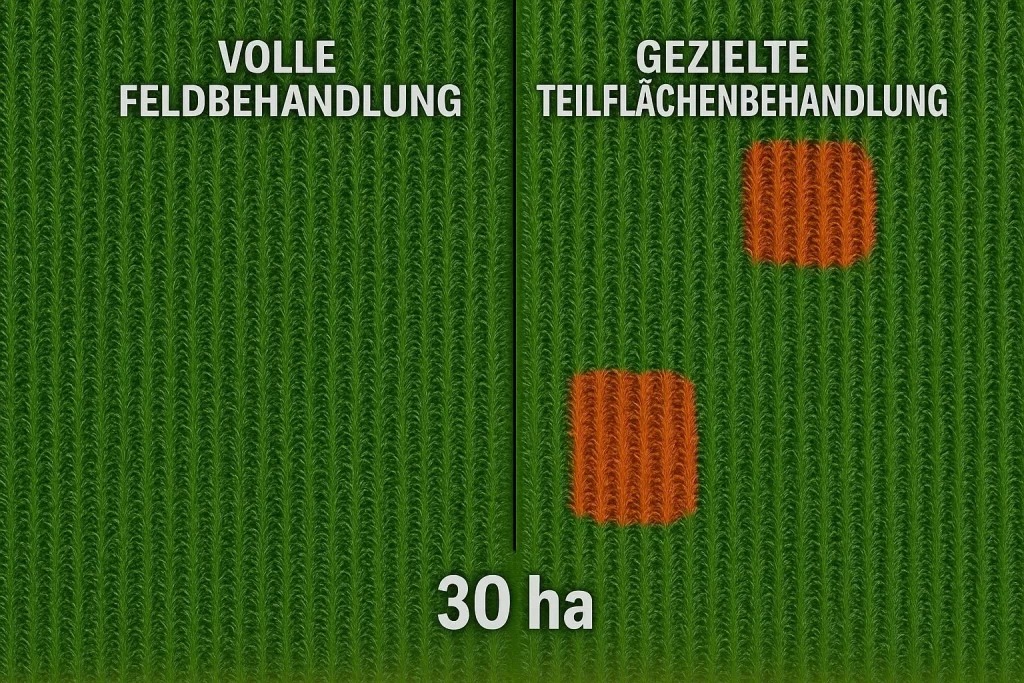 Vergleich zwischen voller Feldbehandlung und gezielter Teilflächenbehandlung auf 30 ha.
